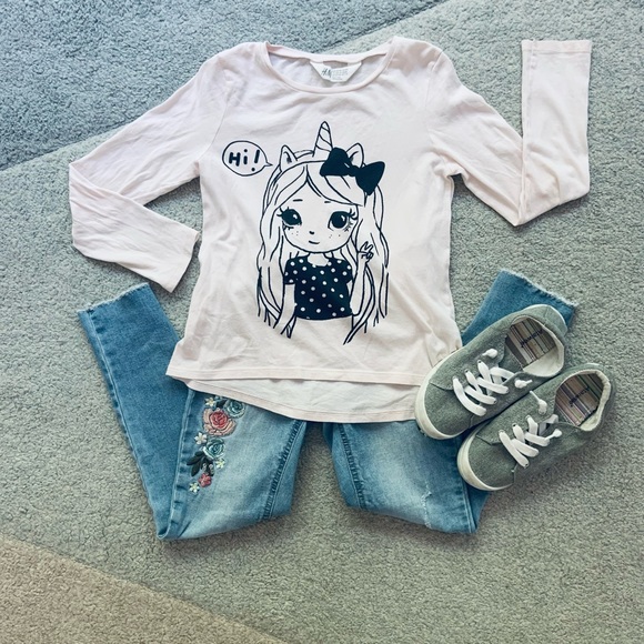 Justice Mid Rise Legging Jeans with Pink Floral Stitching - Picture 4 of 6